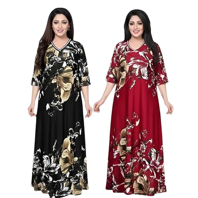 Manveek Women’s Floral Print Maxi Nighty, V-Neck Long Nightgown with Bell Sleeves – Soft Sarina Fabric Full Length Sleepwear, Comfortable Nightwear for Home & Lounge Use (Golden)-picture-36
