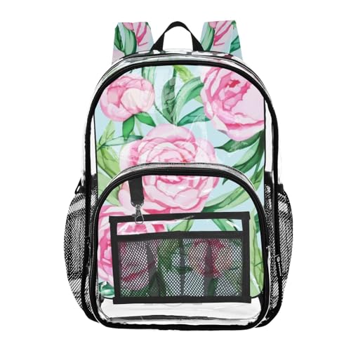 Clear Bag for Women Travel Kids Girls Backpack Boys Approved See through Bag Watercolor Pink Peony Flower