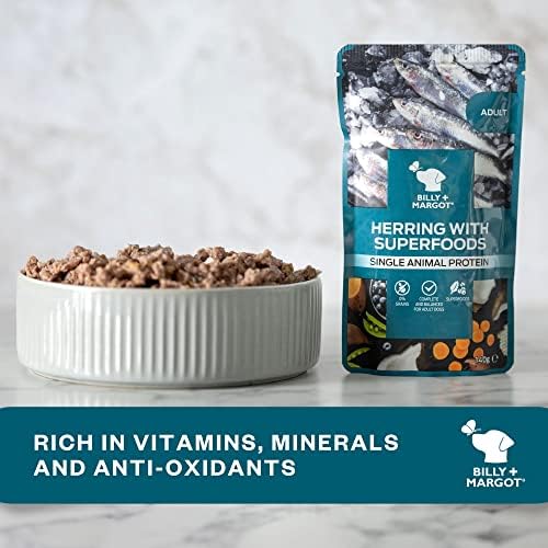 Billy + Margot Wet Dog Food Pouches. Multipack 12 x 140g, 100% Natural Dog Food Wet - Premium Herring + Superfoods. Grain Free Dog Food for Adult Dogs