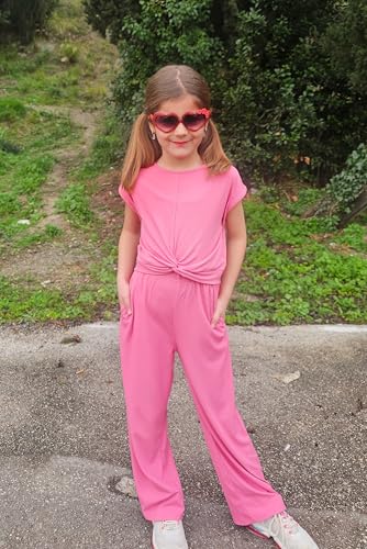 Image of Arshiner Girls Summer 2 Piece Outfits Ribbed Short Sleeve Twist Front Tops and Wide Leg Pants Kids Loungwear Set Tracksuit