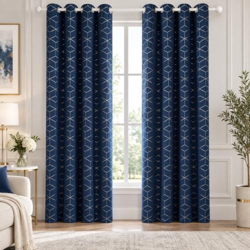 Deconovo Blackout Grommet Thermal Insulated Silver Foil Printed Curtains, Navy Blue/Diamond, 52W x 63L