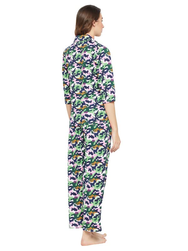 Image of Clovia Women's Cotton Camouflage Print Button Down Shirt & Pyjama Set In Multicolor
