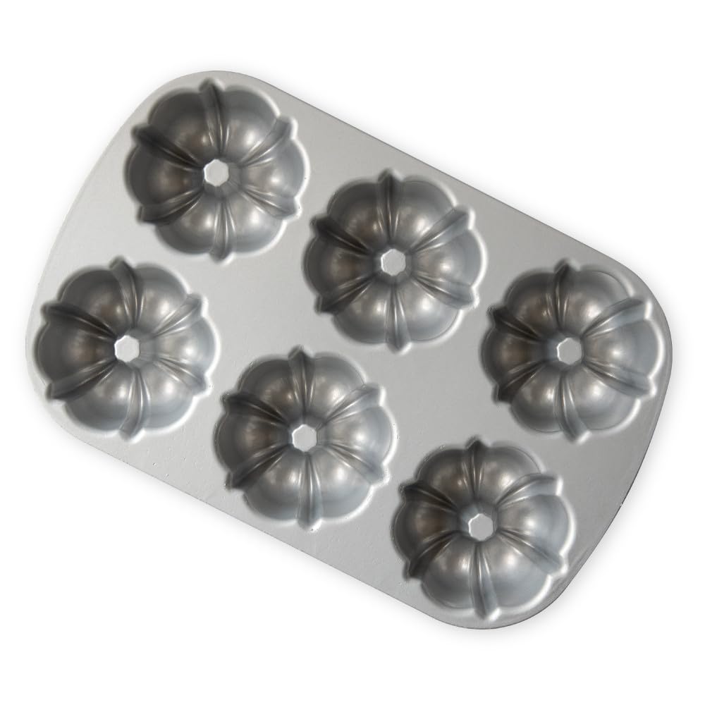 Nordic Ware Molde original Bundtlette de aluminio fundido, mini bundt lata, molde para tartas para 6 pasteles, color grafito