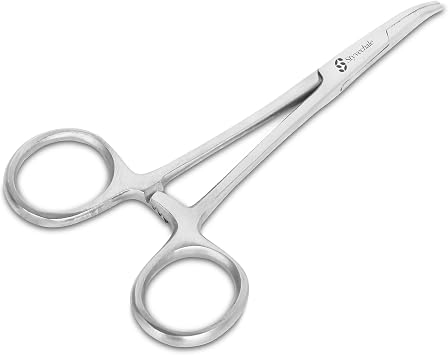 5.5 Inch Forceps Stainless Steel Clamp - Straight Edge Precision Tool for Veterinary, and Hobby Use - Ideal for Grasping Small Objects and Tissue Handling (1, Curved Pack of 2)