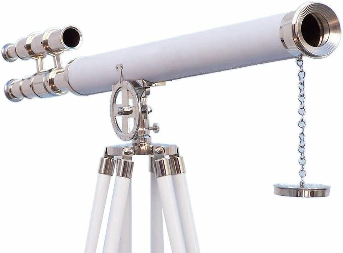 64 Inches Floor Standing Admiral's Chrome Griffith Astro Telescope - Nautical Home Decor with Fully Functional White Leather Accents.