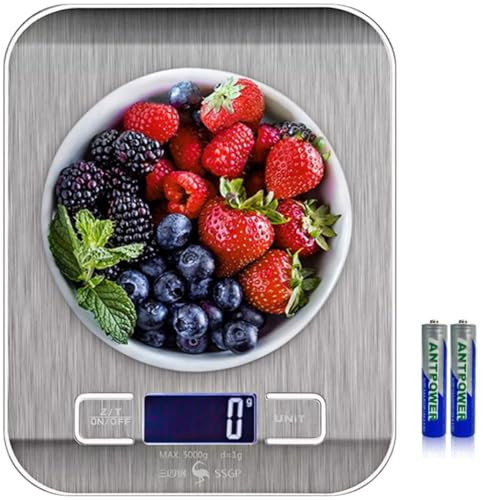 Bascula Digital Cocina 5 Kg/1g,Balanza de Alimentos con Pantalla LCD, Bascula Acero Inoxidable para Cocina(Incluye 2 Baterías AAA), Sensor de alta...