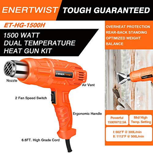 image for Enertwist 1500W Heat Gun Kit with 4 Nozzle Attachments, Dual Temperatu