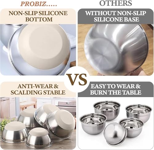 Image of Stainless Steel Mixing Bowls with Lids Set, 3 Grater Attachments, Airtight Lids, Non-Slip Silicone Base Mixing Bowl Set, Large Prep Metal Mixing Bowls for Kitchen, Khaki