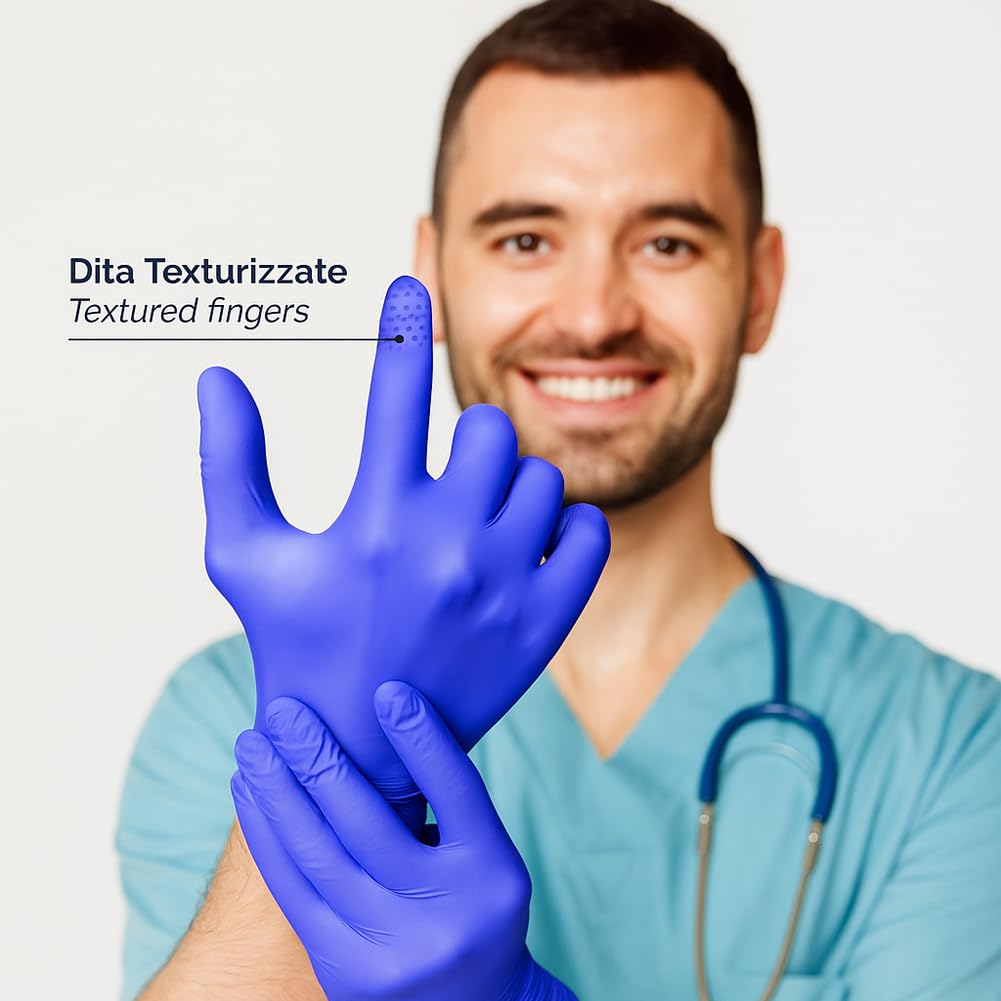 BAKAJI 1000 x Guanti Nitrile Monouso Colore Blu Cobalto, Senza Polvere e Lattice, Ipoallergenici, Bio Soft, Dita Texturizzate, Adatto all'Uso Medico, Alimentare, Cucina, Casa, Pulizie (XL)