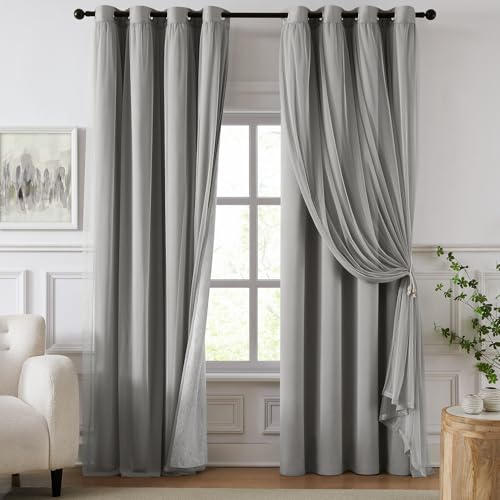 Image of 100% Blackout Curtains for Bedroom, Double Layer Grey Curtains, Black Out Curtain 90 inch Long with Sheer Overlay for Living Room, Room Darkening Window Drapes with Grommet, 52 inch W x 90 inch L