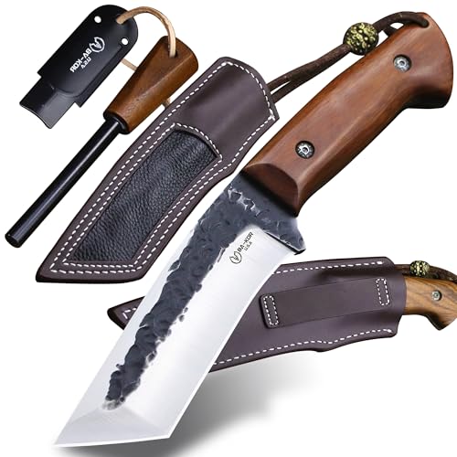 BA-KOR Yellow pear wood handle 5mm 9CR18MOV steel (9.8IN) full Tang forged fixed knife + sheath & (5.9IN) iron ceric igniter, suitable for outdoor camping, tactical survival, EDC, hunting knife