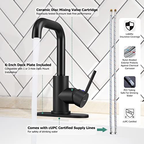 Parlos Bar Sink Faucet Single Handle Swivel Bar Mixer With 3 Hole Deck Plate, Single Hole Small Faucet For Bathroom Kitchen Sink, Matte Black #TOP1