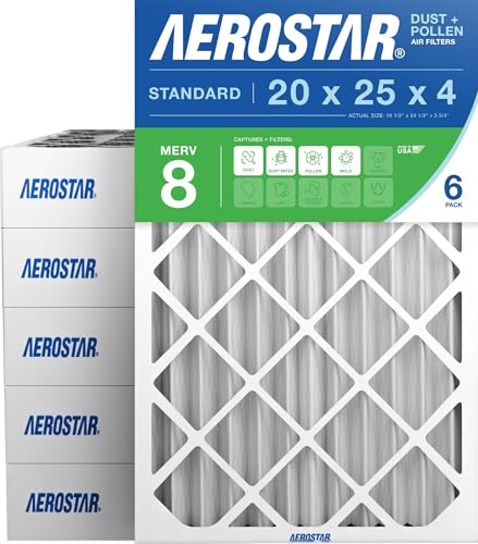 Aerostar 20x25x4 MERV 8 Air Filter, 6 Count, ACTUAL SIZE (19.50 x 24.50 x 3.75) HVAC, Furnace Filter for Allergies, Dust, Pet Dander & Smoke (MPR 1500 / FPR 10) Fits Lennox & Honeywell Devices