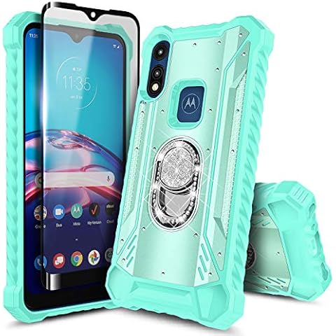 E-Began Moto E 2020 Case with Screen Protector (Tempered Glass Full Coverage), Aluminum Magnetic Metal Built-in Diamond Ring Holder Stand, Full-Body Protective Case for Motorola Moto E (2020) -Teal Cover