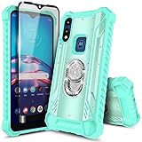 E-Began Moto E 2020 Case with Screen Protector (Tempered Glass Full Coverage), Aluminum Magnetic Metal Built-in Diamond Ring Holder Stand, Full-Body Protective Case for Motorola Moto E (2020) -Teal