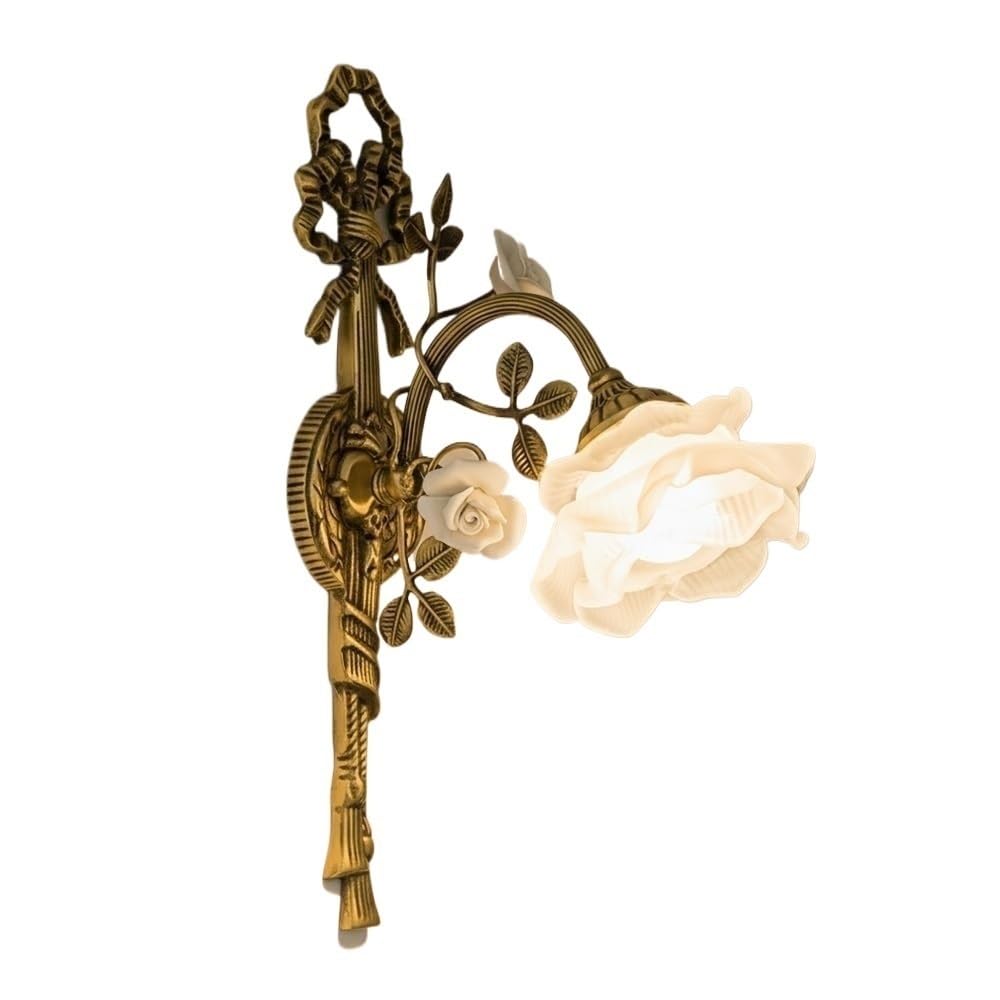 LUOYAOB Vintage Wall Sconce French Country Wall Light Rose Ceramic Glass Shade Wall Lamp Antique Brass Floral Wall Fixture for Bedroom Bedside Hallway Living Room(White)