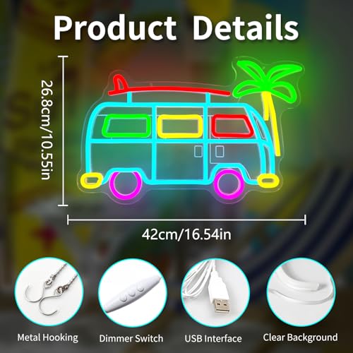 Vveikea Surf Van Neon Sign Camping Led Sign Dimmable Retro Bus Neon Lights Travel Bus Light Up Sign Palm Tree Room Wall Decor Touring Car Gifts Campsite Decorations by Vveikea - Used condition - Image 4