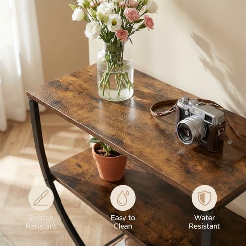 Image of Modern Console Table for Entryway, Brown Wood Finish Top with Black Metal Frame | Narrow Console Table with Storage Shelf | Wooden MDF Console Tables for Living Room, Bedroom & Home Decor | DIY