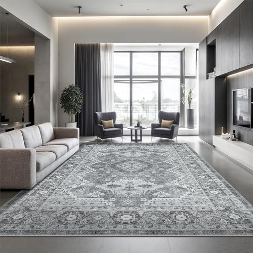 Rugland 6x9 Rug - Stain Resistant Washable Rug, Anti Slip Backing Rugs for Living Room, Vintage Tribal Area Rugs (TPR07-Grey, 6'x9')
