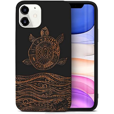 CaseYard Wood Phone case for iPhone 12 Mini Laser Engraved Sea Turtle Design Black Wood Compatible iPhone case Protective Shockproof Slim fit Cell Phone Cover for Men & Women Cover