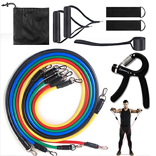 11pcs Workout-Exercise Resistance Bands Set Men and Women-Strength Bands for Working Out,Door Pull Up,Fitness Weight Training,Your Mini Home Gym Kit Hand Grip Exerciser Strengthener and Bag