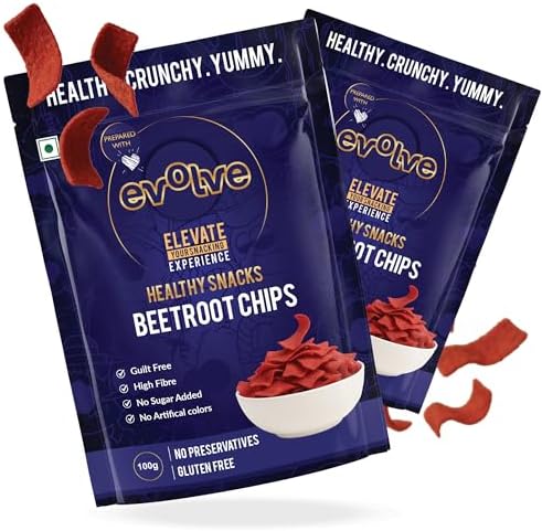 Evolve Healthy Baked Beetroot Chips Snacks for Kids, Adults | Gluten Free, Low Calorie, | No Additives, Crunchy Spicy Snack- 100g Pack of 2
