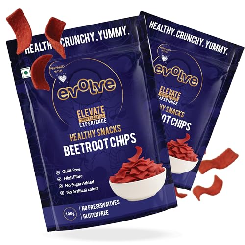 Image of Evolve Healthy Baked Beetroot Chips Snacks for Kids, Adults | Gluten Free, Low Calorie, | No Additives, Crunchy Spicy Snack- 100g Pack of 2