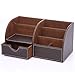 KINGFOM Pu Leather Desk Organizer Pen Pencil Holder Office Supplies Caddy Storage Box 6 Compartments with Drawer Brown