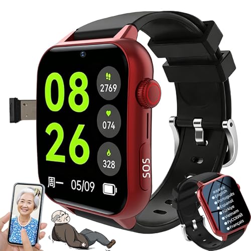 Reloj Con Detector De Caídas Para Personas Mayores, Reloj Inteligente 4G Con Botón SOS, Resistente Al Agua (Ip67), Localizador GPS, Llamadas Bidireccionales, Pantalla Curva A Color De 1,83″ Red