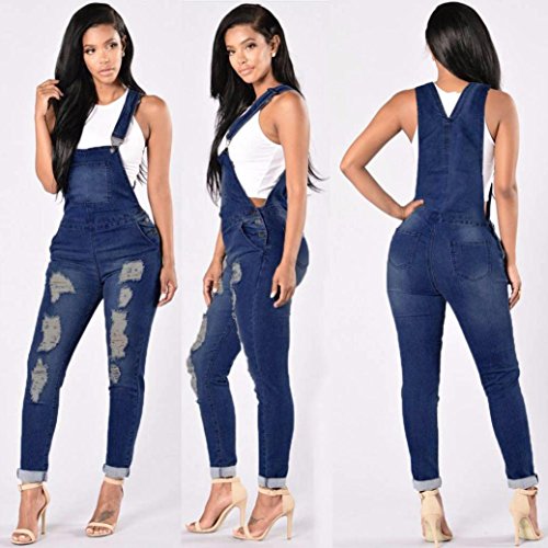 Hemlock Women Jeans Jumpsuit, Women's Long Denim Pants Ripped Pants Trousers Overalls Strap Jeans (XL, Deep Blue)