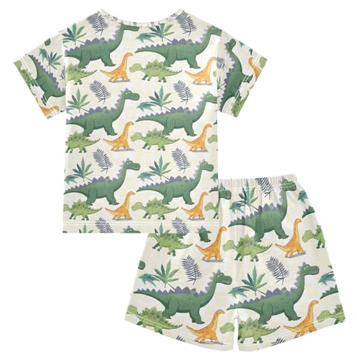 ALAZA Dinosaur Palm Tree Leaf Pajamas Set Short Sleeve Cotton Sleepwear Summer Pjs 2 Piece 5-14Y2