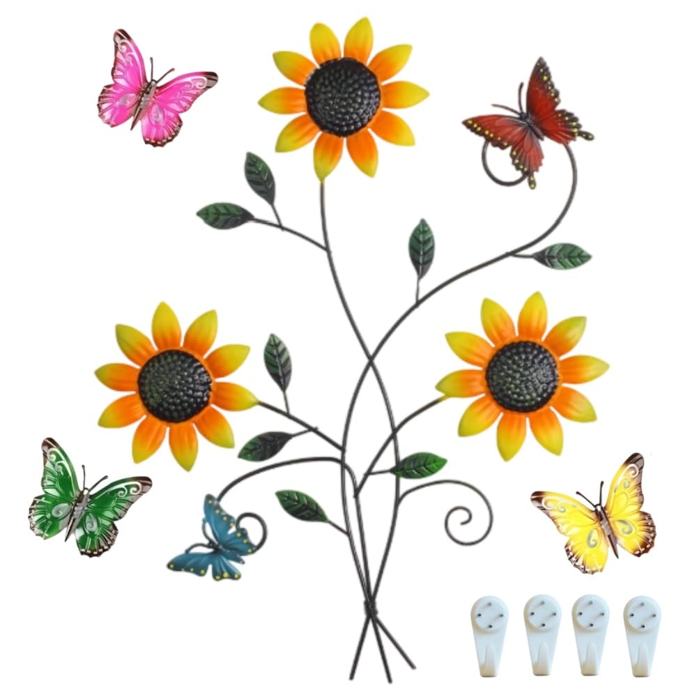 BZUEPRS Metal Flower Wall Decor, Flower Butterfly Garden Fence Decorations, 3D Colorful Wall Art Hanging Ornament for Porch Living Room Home Indoor Outdoor Patio Balcony Farmhouse