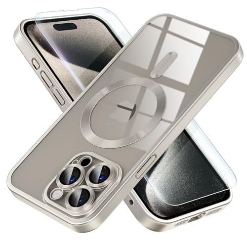 Image of Misea Magnetic for iPhone 15 Pro Max Case Compatible with MagSafe | Never Yellowing, Military Drop Protection, Full Camera Lens Protector Plating Soft Clear Phone Case Women, Titanium Natural