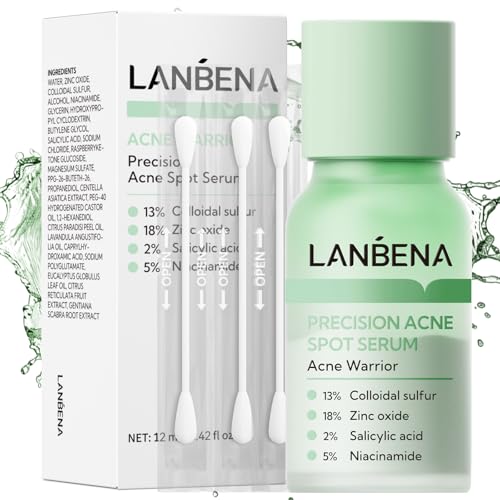 LANBENA Suero de precisión para las manchas de acné, Loción Secante para el Acné, Tratamiento de Noche para el Acné en el Rostro, Seca Granos, Manchas, Espinillas y Limpia los Poros, 0.42 Fl Oz