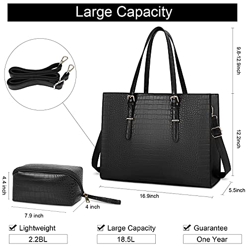 Image of Laptop Bag for Women 15.6 inch Laptop Tote Work Bag Leather Computer Briefcase (Dark Black)