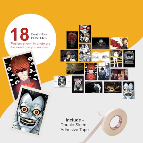 Image of ATEVON Death Note Wall Poster Set of 18 - 6x4 Inch Unframed Mini Collage Kit Featuring Light Yagami, L, Ryuk - Japanese Manga Room Decor for Fans