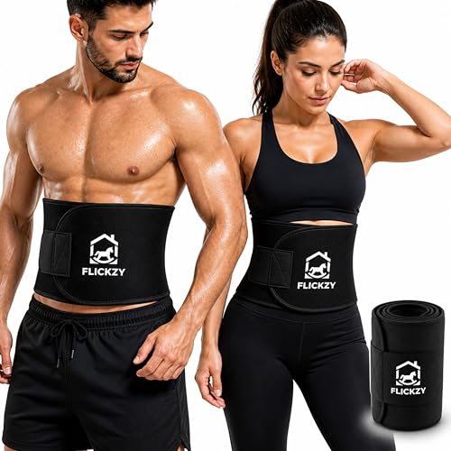 FLICKZY Sweat Belt for Men & Women Fat Burner | Waist Trimmer Belt for Belly Fat | Slim Tummy Trainer for Weight Loss | Adjustable Sauna Waist Trainer | Fitness Stomach Wrap with Back Support Black