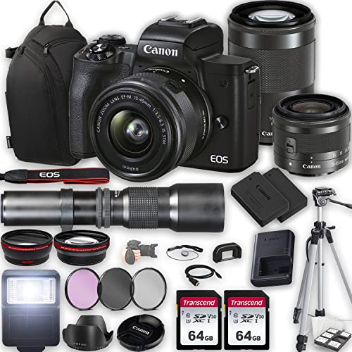 Canon EOS M50 Mark II Mirrorless Camera w/EF-M 15-45mm f/3.5-6.3 IS STM Lens + EF-M 55-200mm f/4.5-6.3 IS STM Lens + 500mm f/8 Focus Lens + 2X 64GB Memory + Case + Filters + Tripod +More (35pc Bundle)