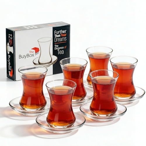 the mask el turko Turkish Tea Glasses And Saucers Set (12 Pieces), Arabic Persian Tea Cups (4oz/120ml)