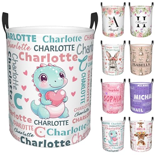 Image of Custom Name Laundry Hamper, Personalized Dinosaur Laundry Basket with Name for Laundry Room Dorm Bedroom, Customized Name Dirty Clothes Hamper with Handles for Clothes Toy Boys Girls Men Women