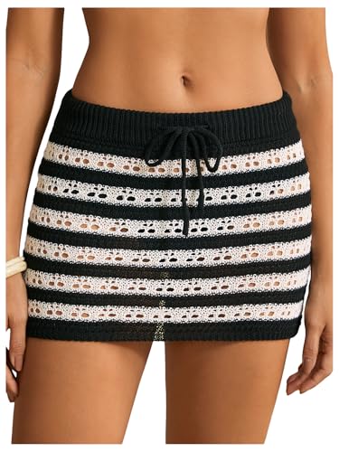 WDIRARA Women's Striped Crochet Mini Skirt Cover Up Hollow Out Drawstring Beach Bathing Suit Cover Ups