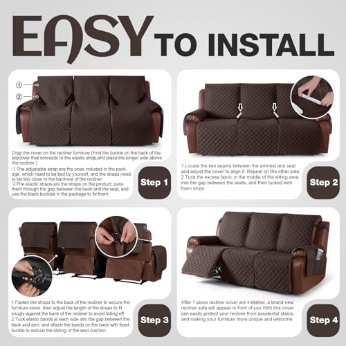 Image of KinCam Waterproof Recliner Sofa Cover, Non-Slip Reclining Couch Covers for 3 Seat, Recliner Couch Cover Furniture Protector with Elastic Straps for Pets, Kids, Chocolate