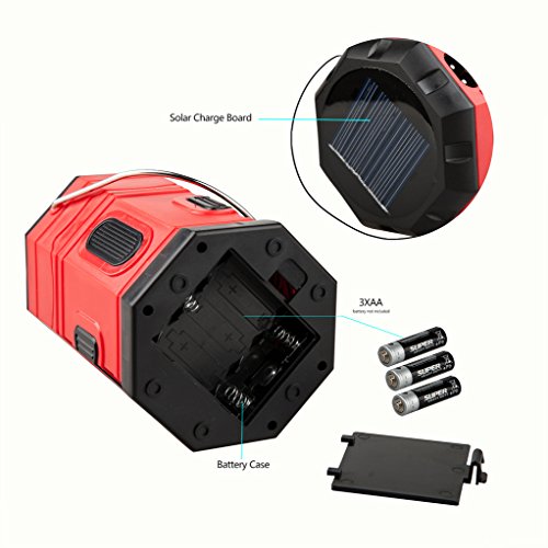 TANSOREN Portable LED Camping Lantern Solar USB Rechargeable or 3 AA Power Supply, Built-in Power Bank Compati Android Charge, Waterproof Collapsible Emergency LED Light with S" Hook
