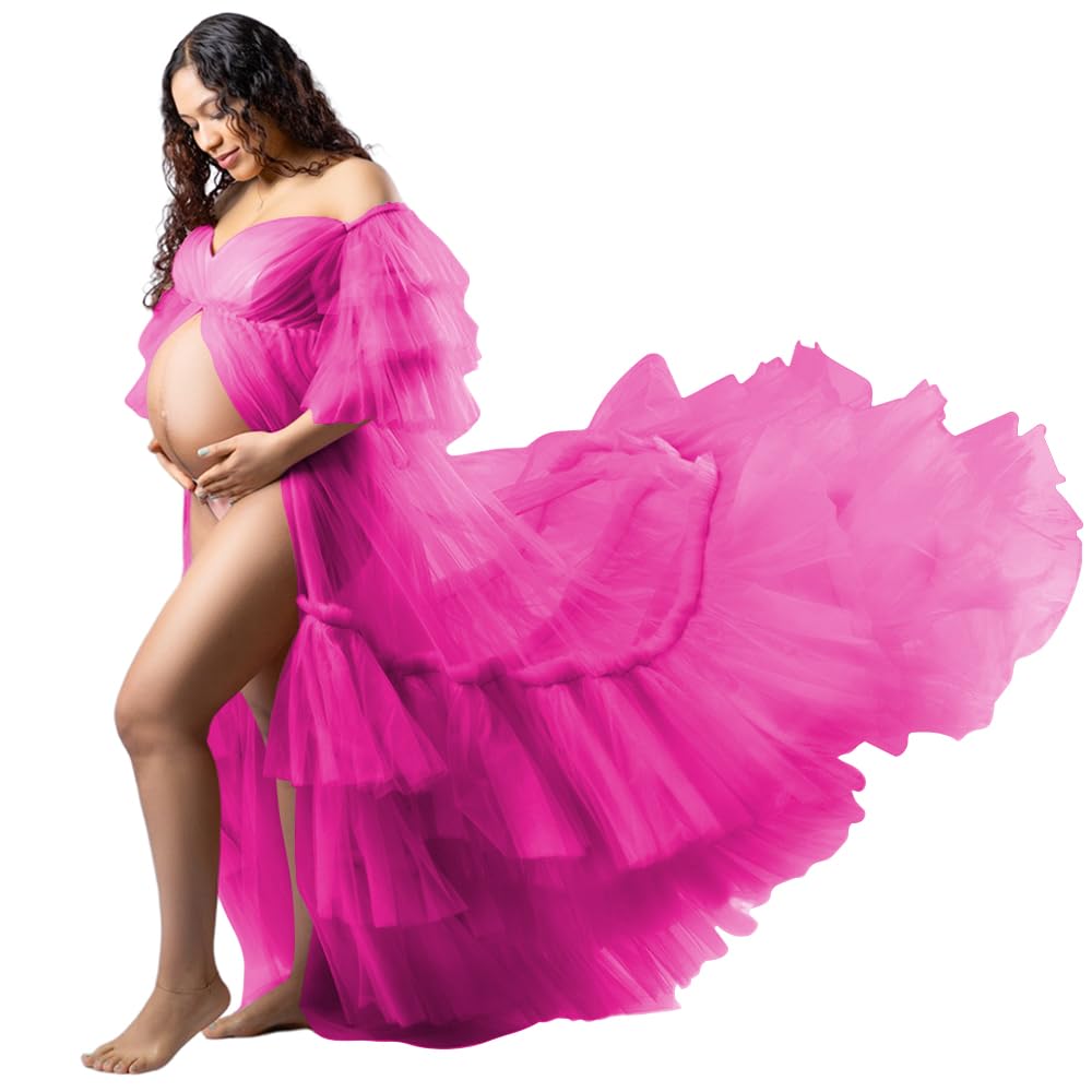 Tianzhihe Tulle Maternity Dress for Photoshoot 2026 Puffy Baby Shower Dress Ruffle Pregancy Gown