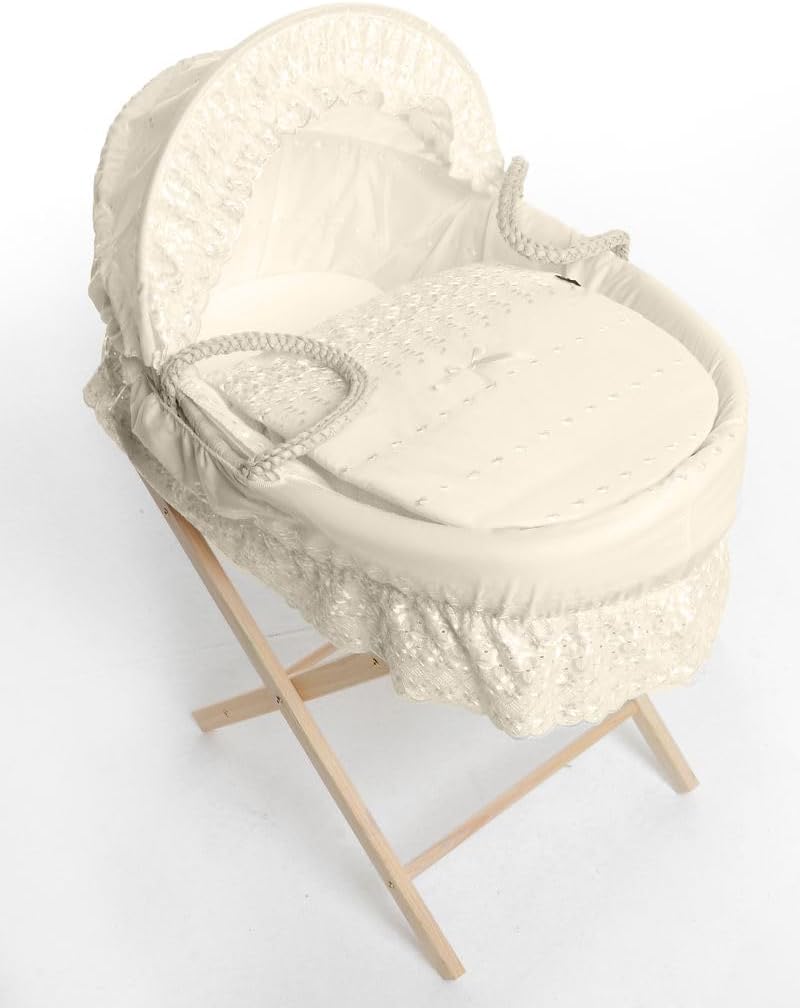 Broderie Anglaise Designer Spare Replacement Moses Basket Dressing Cover Bedding Set & Adjustable Hood, Padded Liner, Body Surround Basket Cover Only (Cream)