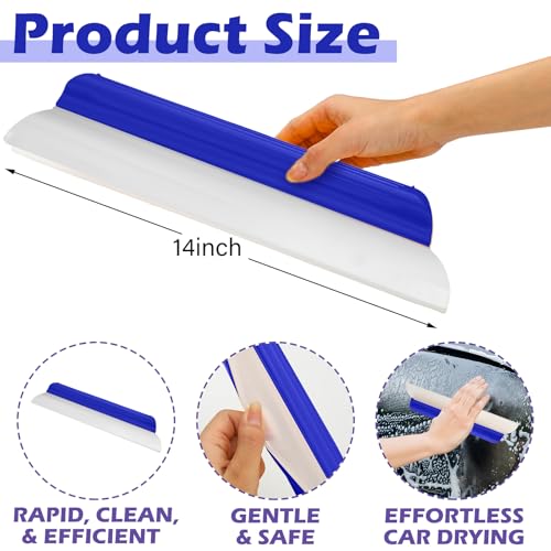 Image of 2 Pack 14 Inch Car Drying Squeegee Blue Longer Silicone Water Squeegee Window Shower Blade Automotive Squeegees Flexible Auto T-bar Rubber Squeegees for Car Windshield Glass Bathroom Wash Tool
