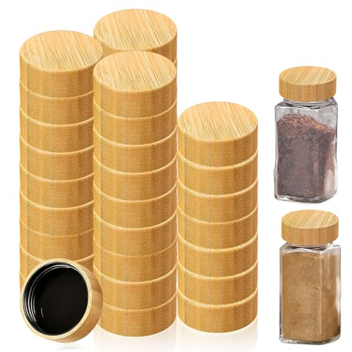 35Pcs Bamboo Spice Jar Lids Replacement Fits 4oz and 8oz Square Glass Plastics Spice Jars bamboo lids Reusable Wooden Storage Canning Caps for Nice Sealing Kitchen, spice jar lids only