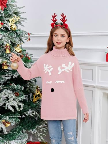 Image of Haloumoning Girls Christmas Sweater Kids Oversized Turtleneck Cute Reindeer Sweaters with Side Slit