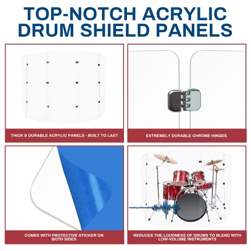 Pennzoni 5Ft Drum Shield W/Chrome Hinges, Comes W/ 5 Drum Panels, & 12 Chrome Hinges, Premium Clear Acrylic Panels, Drum Screen #TOP3