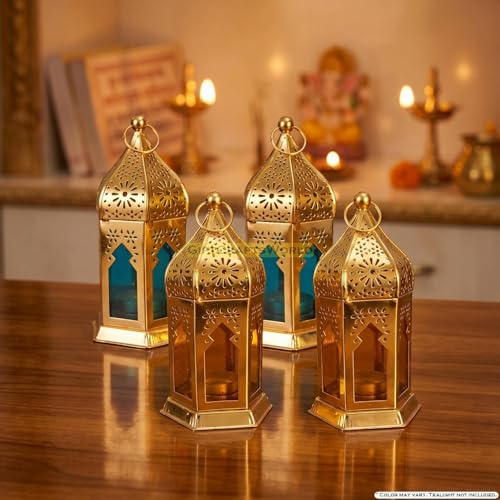 Image of Antique Traditional Hanging Diwali Lantern Candle Holder for Home Decoration - Festive Vintage Metal Glass Indoor Outdoor Patio Balcony Lighting Gifts (Yellow - Light Blue, Set of 4)